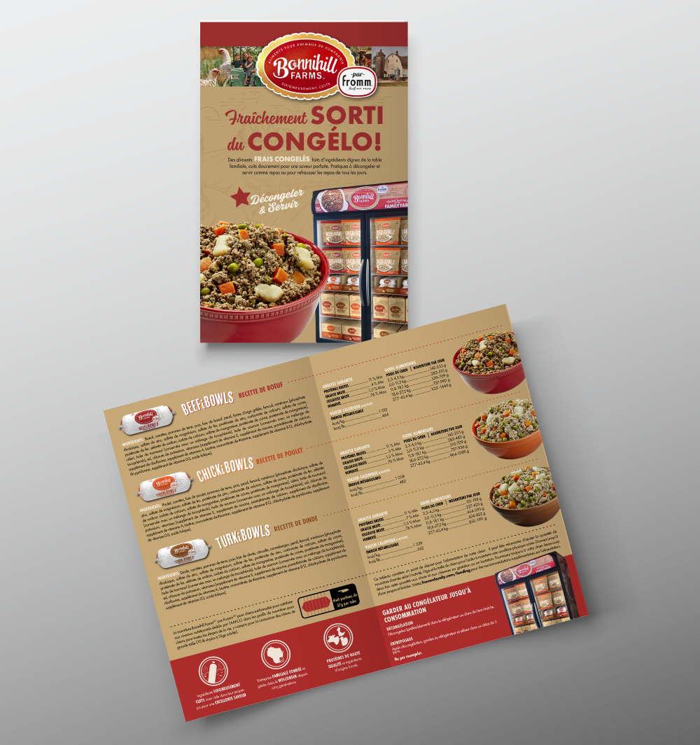 Brochure informative sur les aliments congelés soigneusement cuits pour chiens de Bonnihill Farms (5,5 x 8,5 po) - Français